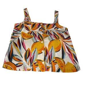 C&C California Tropical Print Button Down Tank Top, 100% Linen, Sleeveless Sz L